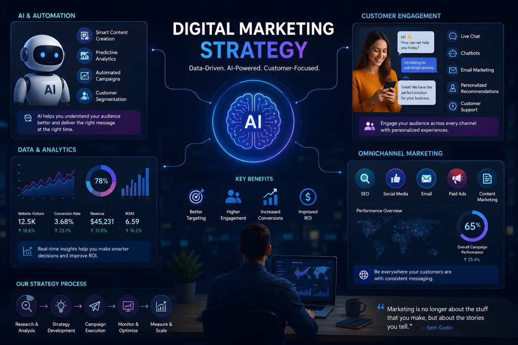 Modern digital marketing strategy featuring AI automation, predictive analytics, customer engagement, SEO, and omnichannel marketing for business growth.